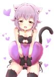  1girl animal_ear_fluff animal_ears bare_shoulders bell black_gloves black_thighhighs blush breasts brown_eyes cat_cutout cat_ears cat_lingerie cat_tail cleavage_cutout clothing_cutout collarbone dot_nose fake_animal_ears fake_tail fang fingerless_gloves gloves hair_flaps hair_intakes hair_ornament hairclip heart holding_cushion idolmaster idolmaster_cinderella_girls idolmaster_cinderella_girls_starlight_stage jingle_bell koshimizu_sachiko looking_at_viewer meme_attire neck_bell numahito open_mouth purple_hair short_hair sitting skin_fang small_breasts smile solo tail thighhighs white_background 