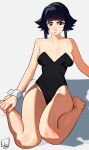  1girl absurdres bare_legs bare_shoulders barefoot black_eyes black_hair black_leotard bleach blunt_bangs breasts censored censored_feet collarbone full_body grey_background hand_on_own_foot highleg highleg_leotard highres l4wless large_breasts legs leotard lips long_hair looking_at_viewer mosaic_censoring on_ground playboy_bunny signature simple_background sitting solo strapless strapless_leotard sui-feng twintails v-shaped_eyebrows wariza wrist_cuffs 