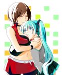  &gt;:( aqua_background belt black_shirt blue_eyes blue_hair blush bracelet breast_press breasts brown_hair cheek-to-breast choker closed_eyes cowboy_shot detached_sleeves eyebrows_visible_through_hair eyelashes frown green_background grey_shirt hatsune_miku height_difference hug jewelry long_hair looking_away meiko multicolored multicolored_background multiple_girls nail_polish orange_background red_nails red_skirt shirt shiseriyo short_hair simple_background skirt sleeveless sleeveless_shirt standing tank_top twintails upper_body vocaloid white_background 