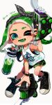  1girl absurdres black_bow black_bracelet black_footwear black_hairband black_shorts bow commentary_request fang full_body green_eyes green_trim gun hairband highres holding holding_gun holding_weapon ink_tank_(splatoon) medium_hair myon_rio octoling octoling_girl one_eye_closed open_mouth print_shirt shirt shoes short_shorts shorts simple_background sleeveless sleeveless_shirt solo splatoon_(series) splatoon_2 tentacle_hair tetra_dualies_(splatoon) watermark weapon white_background white_shirt 