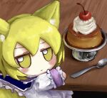  1girl animal_ear_fluff animal_ears blonde_hair blush cherry chibi closed_mouth dress food fox_ears frills from_behind fruit fumo_(doll) highres jitome long_sleeves looking_at_viewer looking_back no_headwear pudding short_hair sitting solo spoon table touhou upper_body whipped_cream white_dress yakumo_ran yakumora_n yellow_eyes 