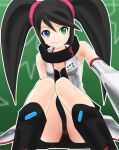  1girl armpits black_dress black_hair black_panties blue_eyes boots breasts closed_mouth coat detached_sleeves dress feet_out_of_frame green_eyes haruyama_kazunori heterochromia knee_boots long_hair looking_at_viewer panties personification sega_hard_girls sega_saturn_(sega_hard_girls) short_dress sleeveless smile solo twintails underwear wide_sleeves 