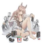  1girl absurdres animal_ears bags_under_eyes barefoot bra breasts brown_shirt can cat_ears coat crushed_can cup gar32 girls&#039;_frontline highres holding holding_can lab_coat long_hair looking_at_viewer messy_hair mug open_clothes open_coat open_mouth persica_(girls&#039;_frontline) pink_eyes pink_hair shirt sitting smile solo trash_bag underwear white_background 