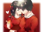  1boy 1girl blue_eyes blurry blurry_background bow brown_hair closed_eyes food food_in_mouth hair_bow heart hetero highres holding holding_food jewelry long_hair long_sleeves looking_at_viewer n0va_desktop necklace pocky pocky_kiss red_background red_bow red_sweater rhea_(0u0) short_hair sweater tareme valentine yoyo_lumi 