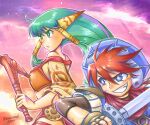  1boy 1girl bare_shoulders blue_eyes feena_(grandia) fingerless_gloves gloves grandia grandia_i green_eyes green_hair hair_ornament hair_tubes hat holding holding_sword holding_weapon justin_(grandia) long_hair moontravelstory open_mouth skirt smile sword thighhighs weapon wide_sleeves 