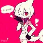  1boy artist_name black_gloves buttons colored_skin commission commissioner_name fins fish_tail funamusea funamusea_(artist) gloves heart official_art one_eye_closed oounabara_to_wadanohara pants pink_background red_eyes shark_boy shark_fin shark_tail simple_background skeb_commission smile solo suit syake_(wadanohara) tail white_hair white_pants white_skin white_suit 