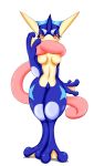  2015 anthro blue_body breasts brown_body female greninja looking_at_viewer mofumofu nintendo nude pok&eacute;mon pok&eacute;mon_(species) red_eyes simple_background solo standing tongue tongue_out video_games white_background 