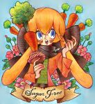  1girl :d animal_ears blue_background blue_eyes brown_scarf carrot colored_pencil_(medium) cropped_torso droopy_ears flower food fork holding holding_food holding_fork holding_vegetable jacket long_sleeves looking_at_viewer meremero open_mouth orange_hair orange_jacket original pink_flower rabbit_ears scarf short_hair smile solo traditional_media vegetable 