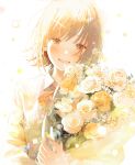  1girl blush bouquet brown_eyes brown_hair flower grin highres holding holding_bouquet looking_at_viewer nakamura_hinata original short_hair smile solo upper_body white_background white_flower yellow_flower 