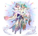  2girls ahoge aqua_eyes ball breasts bubble crystal cuboon fire_emblem fire_emblem_heroes forehead_jewel full_body glowing heidr_(fire_emblem) holding holding_ball japanese_clothes jewelry kimono large_breasts long_sleeves looking_to_the_side multicolored_hair multiple_girls obi official_alternate_costume official_art open_mouth parted_lips purple_hair sandals sash second-party_source seidr_(fire_emblem) seidr_(new_year)_(fire_emblem) short_hair simple_background smile solo tabi teeth white_background yellow_eyes 