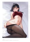  1girl bed_sheet black_hair blush breasts highres long_hair looking_at_viewer lying medium_breasts mignon navel on_side original panties pantyhose parted_lips pulled_by_self purple_eyes simple_background solo stomach underwear 