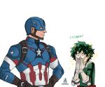  artist_name avengers belt bodysuit boku_no_hero_academia brown_gloves captain_america chin_strap crossover deku english freckles gloves green_bodysuit green_hair hands_on_hips hands_up helmet looking_at_another male_focus marvel messy_hair midoriya_izuku multiple_boys pencilhead7 red_footwear simple_background smile sparkle star steve_rogers superhero upper_body watermark white_background white_gloves 