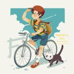  1boy animal baseball_cap bicycle black_hair blue_shorts blush_stickers brown_bag cat contrail hat highres looking_afar male_focus mother_(game) mother_2 ness_(mother_2) outdoors red_footwear red_headwear riding riding_bicycle shifumame shirt shoes short_hair short_sleeves shorts sneakers socks solo striped striped_shirt whiskers white_socks 