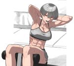  1girl abs armpits arms_behind_head blunt_bangs bowl_cut breasts center-flap_bangs cleavage collarbone exercise exercise_machine feet_out_of_frame grey_hair grey_sports_bra gym_shorts half-closed_eyes highres large_breasts midriff open_mouth original red_eyes rggr short_hair shorts sit-up sports_bra sportswear sweat teeth toned 