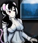  2017 5_fingers absurd_res anthro biped black_hair breasts clothed clothing collared_shirt detailed_background dirtyscoundrel female fingers fur hair hi_res humanoid_hands inside mammal mouse navel open_shirt pink_tail raining red_eyes rodent shadow signature solo topwear white_breasts white_clothing white_ears white_fur white_shirt white_topwear window year 