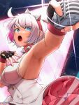 1girl ahoge armpits black_gloves blue_eyes bracelet breasts collar dress elphelt_valentine fingerless_gloves frilled_dress frills gloves guilty_gear guilty_gear_strive hairband highres holding holding_microphone huge_ahoge jewelry knomico large_breasts looking_at_viewer microphone open_mouth pink_dress pink_hairband short_hair sideboob spiked_bracelet spiked_collar spiked_hairband spikes two-tone_dress white_dress white_hair 