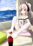  :o absurdres ass ayanami_(azur_lane) azur_lane bandaid bandaids_on_nipples bangs bare_shoulders blue_sky blush bottle breasts cloud coke_bottle collarbone commentary_request day eyebrows_visible_through_hair feet foot_hold hair_between_eyes headgear headphones high_ponytail highres horizon indoors long_hair ocean off_shoulder parted_lips pasties red_eyes sechka shirt short_sleeves side_ponytail sidelocks silver_hair sitting sky small_breasts solo sunlight thighhighs thighs water white_legwear white_shirt 