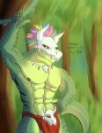 abs anthro bottomwear clothing commanderpurrrrrr green_body green_scales hi_res lihzahrd lizard loincloth male muscular muscular_anthro muscular_male nipples pecs reptile scales scalie solo terraria witch_doctor_(terraria)