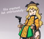  1girl blonde_hair commentary detached_sleeves edgycat english_commentary english_text gradient_background green_skirt grey_background gun handgun hat long_hair long_skirt matara_okina orange_sleeves orange_tabard sitting skirt smile solo tabard touhou v-shaped_eyebrows weapon wheelchair wide_sleeves yellow_eyes 