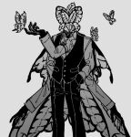  1boy bug butterfly butterfly_wings cowboy_shot extra_arms facing_viewer funeral_of_the_dead_butterflies gloves greyscale hand_in_pocket hand_up highres insect_wings lobotomy_corporation long_sleeves maskv monochrome pants project_moon simple_background solo standing vest wings 