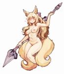  1girl animal_ear_fluff animal_ears blonde_hair blush bow breasts chadolbaegi commentary commission copyright_request english_commentary female_pubic_hair hair_bow heart highres holding holding_polearm holding_weapon long_hair looking_at_viewer medium_breasts multiple_tails navel nipples nude pink_eyes polearm pubic_hair purple_bow simple_background smile solo tail twitter_username very_long_hair weapon weapon_behind_back white_background 