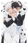  2boys absurdres animal_ears animal_print apron artist_request bad_id bad_pixiv_id black_eyes black_hair cat_boy cat_ears character_request copyright_request fish_print heart highres long_sleeves looking_at_another maid maid_headdress male_focus multiple_boys one_eye_closed otoko_no_ko paw_print short_hair simple_background spoken_heart tongue tongue_out white_apron white_background white_hair yaoi 
