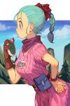  1girl bandana_around_neck belt blue_eyes blue_hair blush border bow braid braided_ponytail breasts brown_gloves bulma character_name clothes_writing cloud cowboy_shot day dragon_ball dragon_ball_(classic) dragon_radar dress fanny_pack fingernails from_side gloves hair_bow hand_on_own_hip hand_up hungry_clicker long_hair looking_ahead medium_breasts nose_blush outdoors outside_border pine_tree pink_dress profile red_bow short_sleeves single_glove sky solo tree white_border 