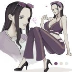  1girl black_hair blue_eyes breasts cardigan cleavage closed_mouth commentary_request dress eyewear_on_head hair_pulled_back heart high_heels highres large_breasts lips long_hair looking_at_viewer nico_robin nsgw official_alternate_costume one_piece one_piece:_stampede pants purple_cardigan purple_pants sitting sleeveless smile spaghetti_strap sunglasses white_dress 