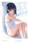  1girl bare_shoulders black_hair blurry blurry_background blush bracelet breasts covered_navel fingernails flashing hair_ornament hairclip highleg highleg_swimsuit highres ichigo-chan_(mignon) jewelry knees_up long_hair looking_at_viewer mignon nipples one-piece_swimsuit one_breast_out original page_number parted_lips pool pulled_by_self red_eyes see-through shiny_skin short_hair simple_background sitting small_breasts smile solo swimsuit teeth thighs water water_drop wet white_swimsuit 