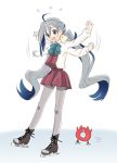  afterimage ahoge blue_hair boots bow bowtie commentary cross-laced_footwear enemy_lifebuoy_(kantai_collection) flailing full_body grey_eyes grey_hair grey_legwear ice_skates ice_skating kantai_collection kiyoshimo_(kantai_collection) kujira_naoto long_hair low_twintails multicolored_hair open_mouth pantyhose school_uniform shinkaisei-kan simple_background skates skating standing twintails two-tone_hair very_long_hair wavy_mouth white_background 