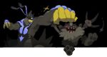  black_background clenched_hand commentary english_commentary galarian_meowth microsoft_paint_(medium) momopatchi no_humans open_mouth pokemon pokemon_(creature) simple_background urshifu 