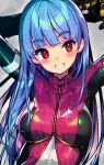  1girl :d arms_up black_gloves blue_hair blush bodysuit breasts gloves grey_background grin kula_diamond large_breasts long_hair looking_at_viewer onono_imoko parted_lips purple_bodysuit red_eyes simple_background smile solo the_king_of_fighters thick_eyebrows upper_body very_long_hair zipper 