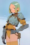  1girl armor bad_id bad_twitter_id belt blue_sky blush breastplate buckle fantasy gauntlets green_eyes green_hair hair_behind_ear hand_on_own_hip inactive_account knight leotard looking_at_viewer mike_krentz orange_leotard original outdoors parted_bangs shoulder_armor sky solo standing strap thighhighs 