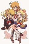  3girls bad_id bad_pixiv_id black_skirt black_socks blonde_hair blue_eyes blue_skirt brown_footwear contemporary floral_background flower full_body highres kneehighs leg_warmers long_hair looking_at_viewer marie_antoinette_(versailles_no_bara) meremero miniskirt multiple_girls one_eye_closed open_mouth oscar_francois_de_jarjayes pleated_skirt ponytail rosalie_lamorliere rose school_uniform serafuku shoes simple_background sitting skirt smile socks v v_arms versailles_no_bara white_leg_warmers 