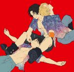  3boys bad_id bad_twitter_id black_hair black_shirt blonde_hair blue_pants boots closed_eyes commentary_request fish_(m8snknk) floral_print male_focus multiple_boys one_piece open_clothes open_shirt pants red_background scar scar_on_face shirt simple_background sleeping smile torso 