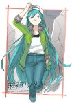  ;o alternate_hairstyle antenna_hair arm_up baseball_cap blue_eyes blue_hair denim english fingernails green_sweater hand_in_hair hand_in_pocket hat hatsune_miku highres jeans long_hair looking_up mirai_delivery miyama_fugin one_eye_closed open_mouth out_of_frame pants shirt solo_focus standing sweater very_long_hair vocaloid walking white_shirt 