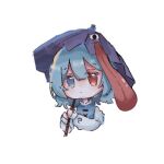  1girl blue_eyes blue_hair closed_mouth commentary highres holding holding_umbrella karakasa_obake looking_at_viewer purple_umbrella red_eyes shirasu_bo short_hair simple_background solo tatara_kogasa tongue touhou umbrella white_background 