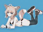 1326496175 1girl ahoge animal_ear_fluff animal_ears arknights ass bikini black_bikini black_thighhighs blonde_hair blue_background blue_eyes breasts closed_mouth collarbone commentary fox_ears fox_girl fox_tail full_body gloves halterneck highres infection_monitor_(arknights) legs_up looking_at_viewer lying on_stomach shoe_soles shoes short_hair side-tie_bikini_bottom simple_background small_breasts solo sussurro_(arknights) swimsuit tail thighhighs white_footwear white_gloves 