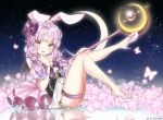  2018 animal_ears bangs blush bow bug bunny_ears butterfly crescent_moon dated dress flower hair_bow high_heels highres holding holding_staff insect long_hair looking_at_viewer low_twintails moon open_mouth pink_flower purple_bow purple_eyes purple_footwear purple_hair rimu_(gucg8333) shoes short_dress sitting solo sparkle staff star_(sky) starry_moon teeth thigh_strap twintails vocaloid voiceroid white_dress yuzuki_yukari 