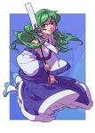  1girl aqua_footwear blue_skirt collared_shirt detached_sleeves frilled_skirt frills gohei green_hair grey_eyes hair_ornament highres holding holding_gohei kochiya_sanae long_hair shirt single_hair_tube skirt sleeveless sleeveless_shirt smile snake_hair_ornament socks soemy touhou white_shirt white_sleeves white_socks 