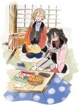  2girls ahoge animal animal_on_lap ankle_socks basket black_hair blonde_hair blue_pants blue_sweater border cat cat_on_lap christmas_sweater closed_eyes controller feet_out_of_frame food fruit grey_pants h_kawa holding holding_animal holding_cat indoors kotatsu long_hair long_sleeves looking_at_animal magazine_(object) mandarin_orange multiple_girls on_lap open_clothes open_mouth open_robe original own_hands_together pants petting pink_robe pink_sleeves plaid_robe plaid_sleeves polka_dot_socks raised_eyebrows red_robe red_sweater remote_control robe shouji side_ponytail sliding_doors smile socks space_heater sweater table tatami turtleneck turtleneck_sweater twintails white_border white_socks wide_sleeves 