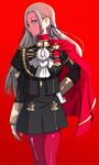  1girl black_skirt blue_ribbon cape closed_mouth edelgard_von_hresvelg fire_emblem fire_emblem:_three_houses garreg_mach_monastery_uniform gloves hair_ribbon hand_on_own_hip hiramine_akira legs_together long_hair long_sleeves miniskirt pantyhose red_background red_cape red_pantyhose ribbon skirt solo standing white_eyes white_gloves white_hair 