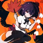  1girl bird_wings black_bow black_bowtie black_hair black_thighhighs black_wings bow bowtie closed_mouth collared_shirt commentary_request dated feet_out_of_frame hands_up hat hauchiwa looking_at_viewer low_wings maaru_(akira428) medium_hair one-hour_drawing_challenge orange_background pointy_ears pom_pom_(clothes) puffy_short_sleeves puffy_sleeves red_eyes red_headwear shameimaru_aya shirt short_sleeves smile solo squatting thighhighs tokin_hat touhou white_shirt wings 