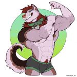 abs absurd_res anthro biceps biped black_bottomwear black_clothing black_nipples black_shorts bottomwear brown_body brown_claws brown_fur brown_tail canid canine claws clothing collar daymoon_100 flexing flexing_bicep fur green_collar green_eyes hair hi_res jewelry looking_at_viewer male mammal muscular muscular_anthro muscular_arms muscular_male navel nipple_piercing nipples pecs piercing pink_nose red_hair shorts simple_background smile smiling_at_viewer smirk smirking_at_viewer solo standing tail teeth tuft white_background white_body white_fur white_tail