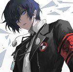  1boy armband black_jacket blazer blue_eyes blue_hair broken_glass digital_media_player from_below gekkoukan_high_school_uniform glass glowing glowing_eyes headphones highres jacket krank male_focus parted_lips persona persona_3 red_armband ribbon school_uniform shirt short_hair solo white_background white_shirt yuuki_makoto 