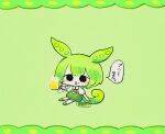  1girl alcohol beer beer_mug black_eyes blush chibi commentary cup edamame_(food) food green_background green_footwear green_hair green_shorts green_theme holding holding_cup holding_food long_hair looking_at_viewer mug open_mouth pankichi_anko plate puff_of_air puffy_short_sleeves puffy_sleeves shirt short_sleeves shorts simple_background sitting solo speech_bubble suspender_shorts suspenders translation_request voiceroid voicevox white_shirt wide_shot zundamon 