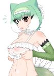  1girl absurdres arm_belt belt black_hair blush breasts brown_eyes chinese_water_dragon_(kemono_friends) choker cleavage commentary_request detached_sleeves expressionless frilled_choker frilled_hairband frills green_belt green_hair green_hairband green_sleeves hair_between_eyes hairband highres illu_(illu_stratos) kemono_friends large_breasts looking_at_viewer medium_bangs multicolored_hair navel nipples notice_lines open_mouth short_hair simple_background solo transparent_bikini upper_body wet_bikini white_background white_choker 