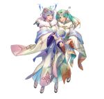  2girls aqua_eyes attack ball breasts bubble crystal duplicate fire_emblem fire_emblem_heroes forehead_jewel green_eyes heidr_(fire_emblem) holding holding_ball japanese_clothes kimono large_breasts multiple_girls official_alternate_costume official_art sandals seidr_(fire_emblem) tabi third-party_source white_background 