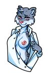 anthro bigmoon206 breasts clothing coat felid female fur grey_body grey_fur lab_coat looking_at_viewer mammal neck_tuft nipples pantherine smug snow_leopard solo spots standing topwear tuft white_body white_fur