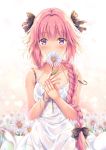  astolfo_(fate) bangs bare_arms bare_shoulders black_bow black_bra black_ribbon blush bow bra braid collarbone covered_mouth covering_mouth dress eyebrows_visible_through_hair fate/grand_order fate_(series) field flower flower_field hair_between_eyes hair_bow hair_over_shoulder hair_ribbon highres holding holding_flower leaf long_hair looking_at_viewer male_focus multicolored_hair nail_polish otoko_no_ko petals pink_hair pink_nails purple_eyes ribbon see-through shiny shiny_hair sidelocks single_braid solo standing strap_slip streaked_hair sundress underwear very_long_hair wet wet_clothes wet_dress white_dress white_flower white_ribbon wind wrist_ribbon yuriko 